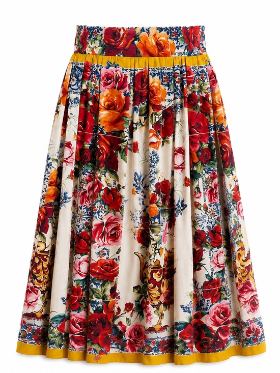 Dolce & Gabbana Dresses & Skirts - Dolce & Gabbana Cream Floral Midi Skirt with Yellow Trim